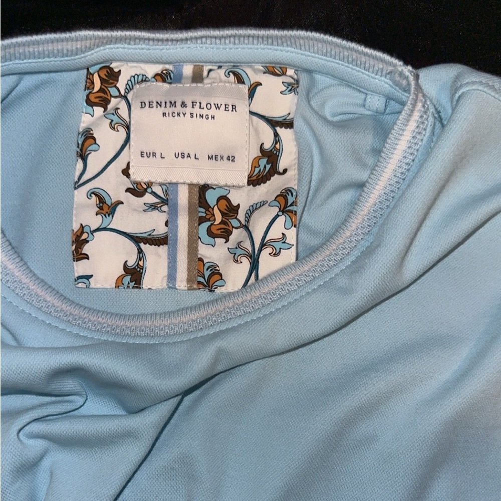 Baby Blue Denim & Flower T-Shirt designed by Ricky Singh